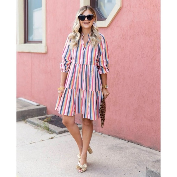 J. Crew Tiered Popover Dress Rose Multi Stripe Cotton Poplin Long Sleeve XS - Picture 2 of 9